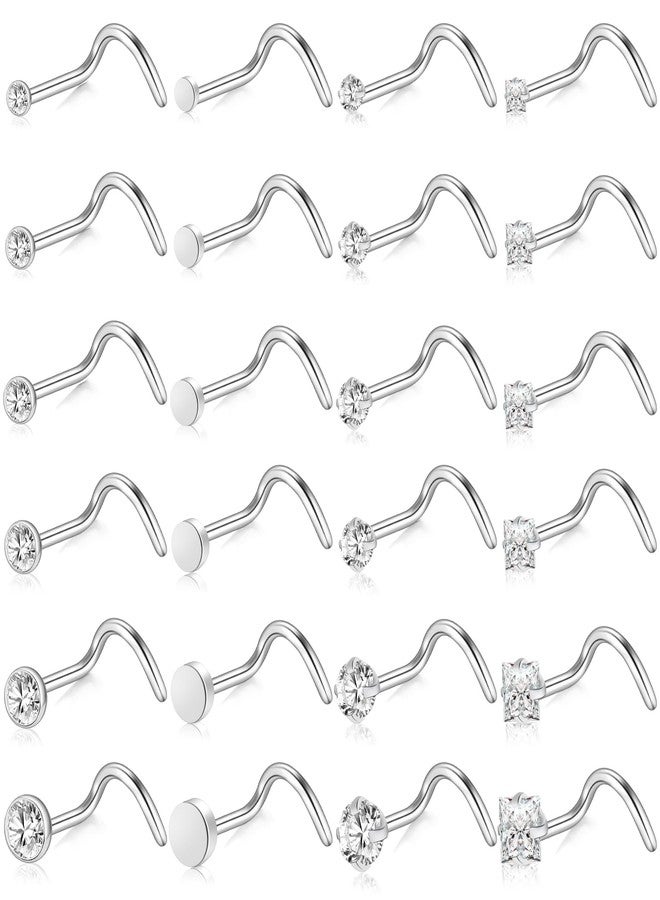 ONESING 24 Pcs 20G Corkscrew Nose Rings for Women Silver Nose Rings Studs Stainless Steel Nose Piercings Jewelry Hypoallergenic Nose Screw for Women Men - Image 1